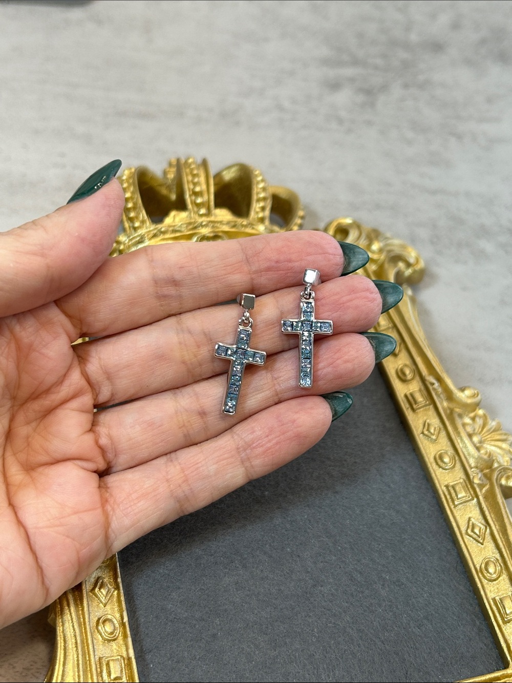 Silver Cross Drop Earrings with Light Blue Crystals